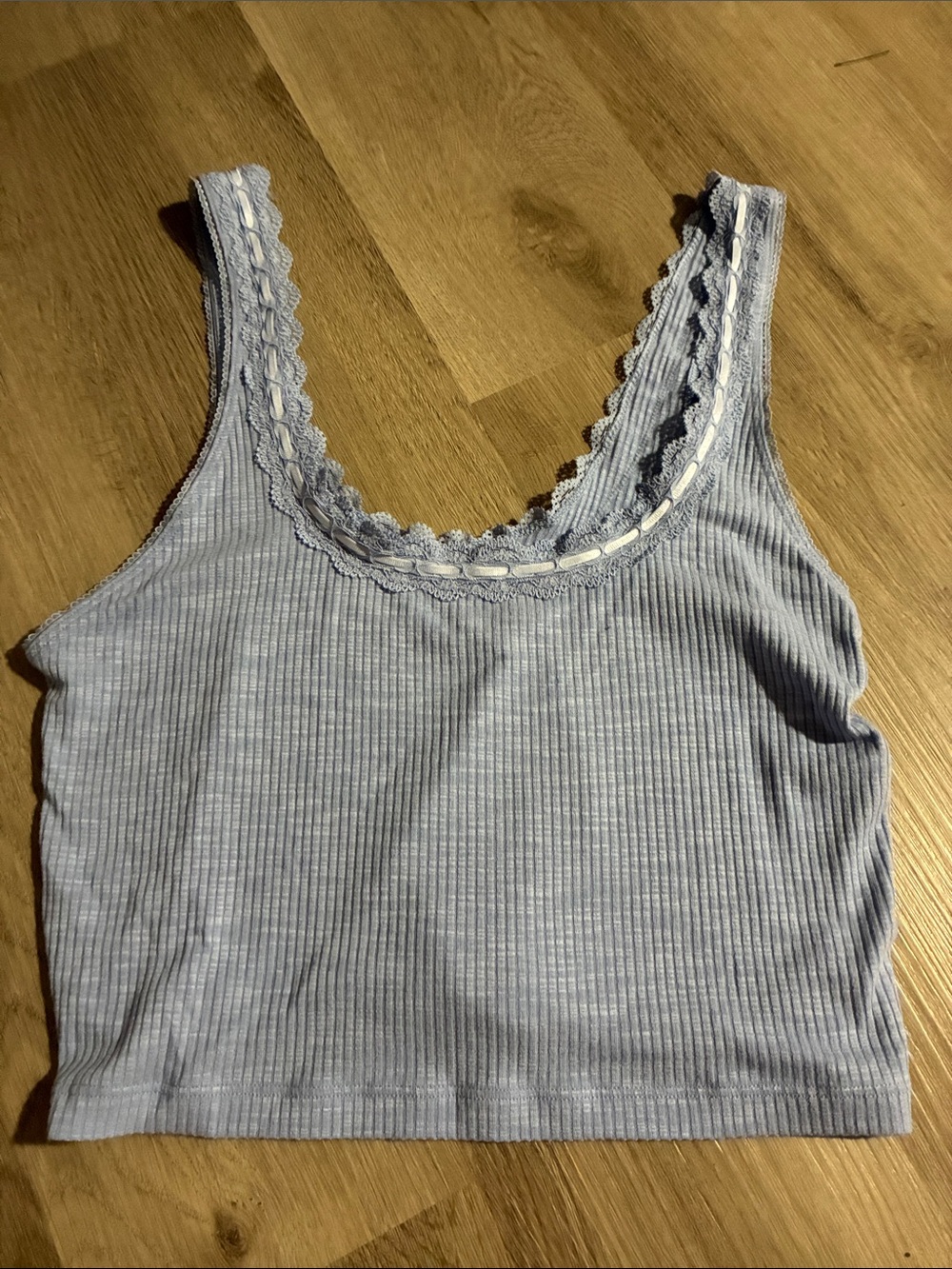 aerie Light Blue Ribbed Lace-Trim Cropped Tank